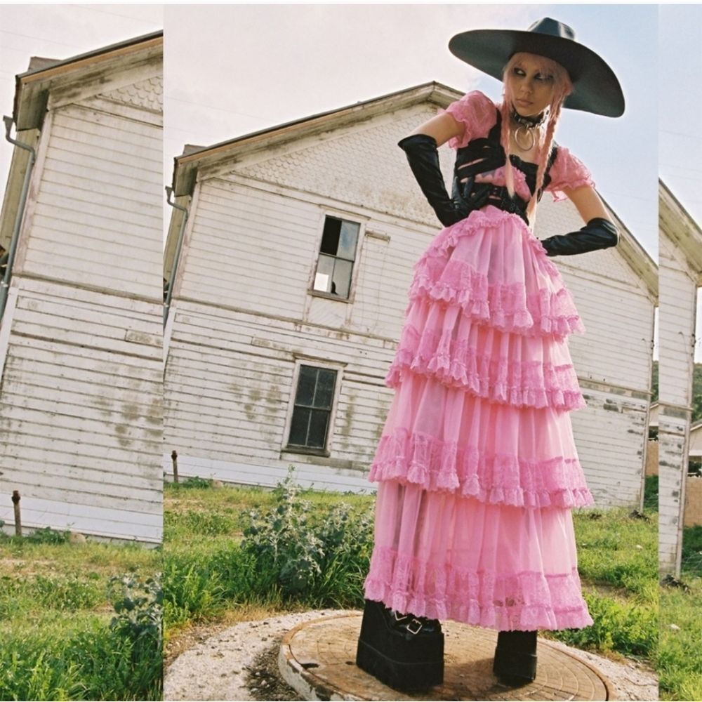 NEW Dolls Kill pink sheer lace kawaii Pretty Imperfect tiered maxi dress gown S - Picture 10 of 10